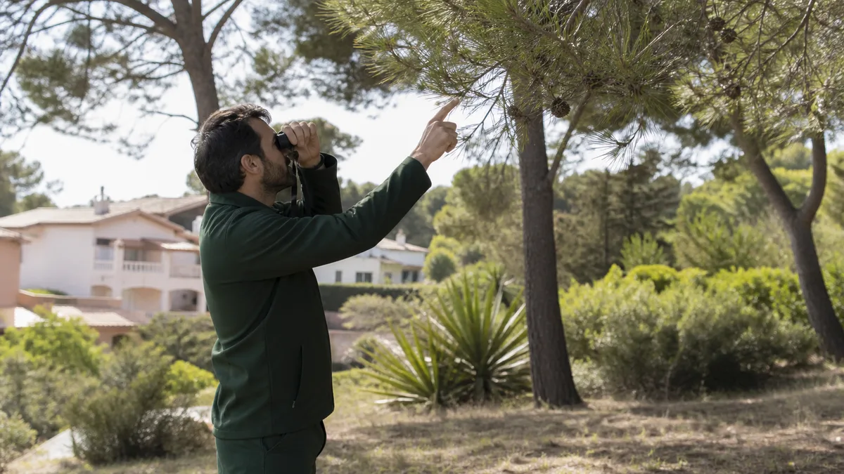 Técnico inspeccionando pinos en un jardín residencial de Castelldefels al inicio del otoño