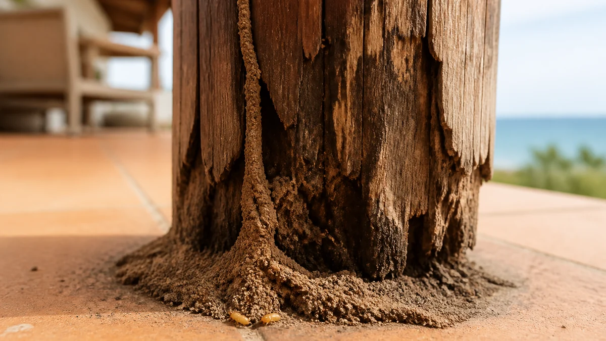 Base húmeda de un poste de madera en el porche de un chalet con un fino rastro terroso
