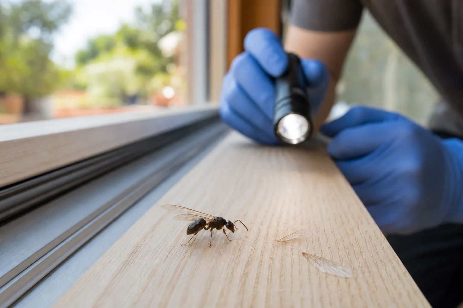 Hormiga alada en un marco de ventana durante una inspección en Castelldefels