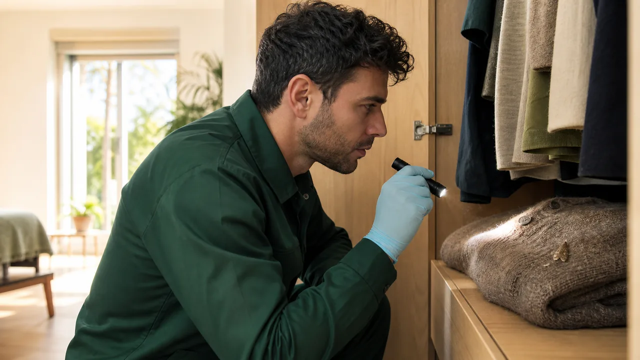 Técnico inspeccionando polillas en un armario de una vivienda de Castelldefels
